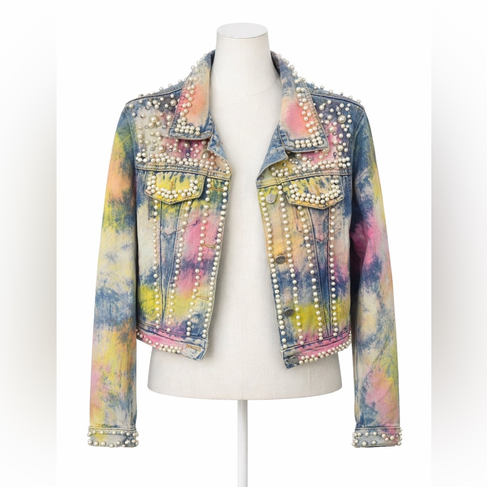 Pearl Embellished Tie-Dye Denim Jacket – Boho Chic Statement🌟